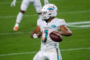 September 24, 2020, Jacksonville, Florida, USA: Miami Dolphins quarterback TUA TAGOVAILOA (1) throws the ball during war