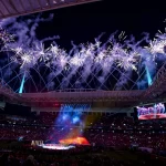 MIAMI GARDENS, FL - FEBRUARY 02: General view of the stadium during the Pepsi Halftime Show with fireworks during the NF