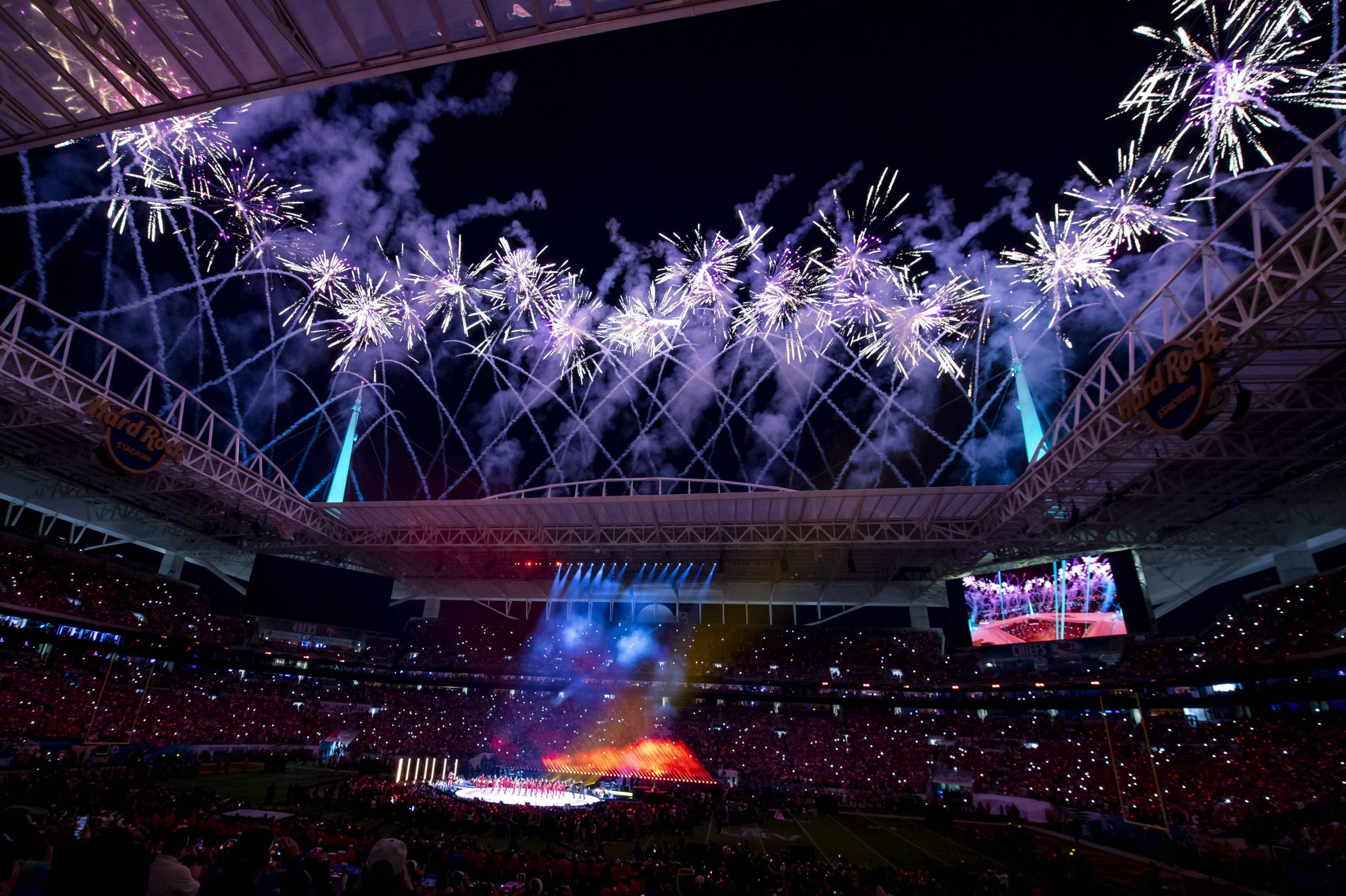 MIAMI GARDENS, FL - FEBRUARY 02: General view of the stadium during the Pepsi Halftime Show with fireworks during the NF