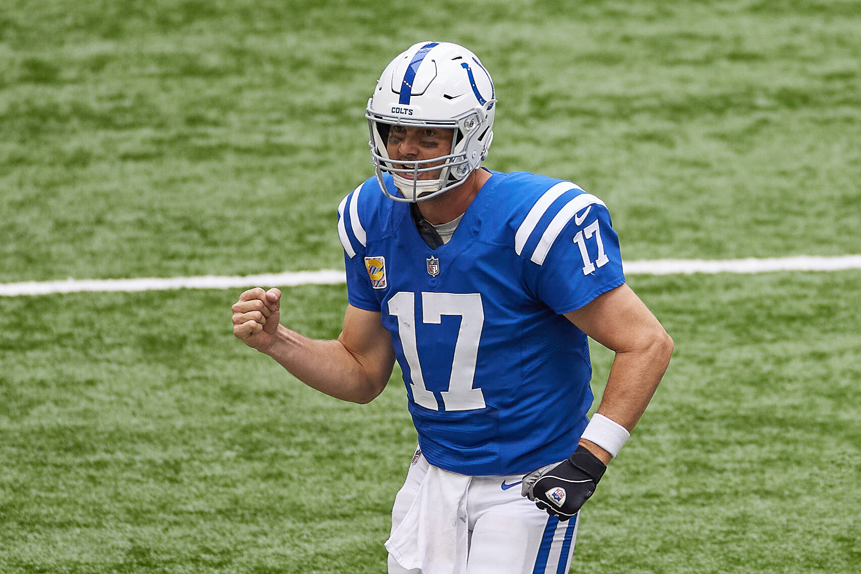 INDIANAPOLIS, IN - OCTOBER 18: Indianapolis Colts Quarterback Philip Rivers (17) celebrates after throwing a touchdown p