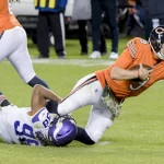 Minnesota Vikings cornerback Harrison Hand 38 sacks Chicago Bears quarterback Nick Foles 9 during the third quarter at Soldier Field in Chicago on Monday,, November 16, 2020. The Minnesota Vikings defeated the Chicago Bears 19-13. PUBLICATIONxINxGERxSUIxAUTxHUNxONLY CHI20201116222 MARKxBLACK