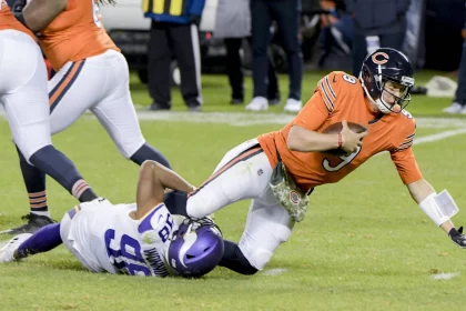 Minnesota Vikings cornerback Harrison Hand 38 sacks Chicago Bears quarterback Nick Foles 9 during the third quarter at Soldier Field in Chicago on Monday,, November 16, 2020. The Minnesota Vikings defeated the Chicago Bears 19-13. PUBLICATIONxINxGERxSUIxAUTxHUNxONLY CHI20201116222 MARKxBLACK