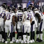FOXBOROUGH, MA - NOVEMBER 15: The Ravens huddle up during a game between the New England Patriots and the Baltimore Rave