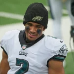 EAST RUTHERFORD, NJ - NOVEMBER 15: Philadelphia Eagles quarterback Jalen Hurts (2) looks on during the game between the