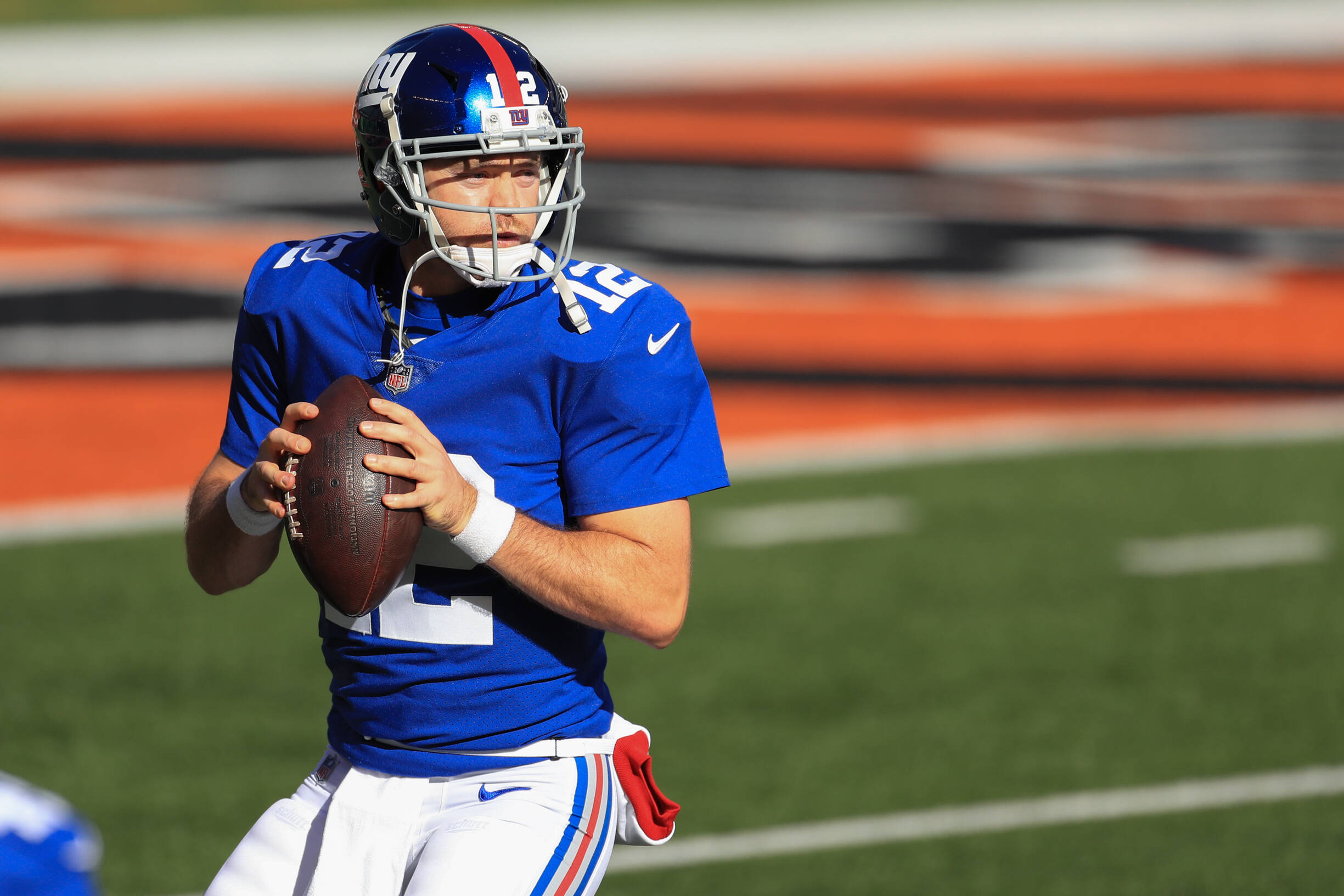 CINCINNATI, OH - NOVEMBER 29: New York Giants quarterback Colt McCoy (12) warms up before the game against the New York