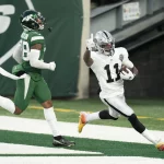 December 6, 2020, Las Vegas Raiders wide receiver Henry Ruggs III (11) reacts to the touchdown with New York Jets corne