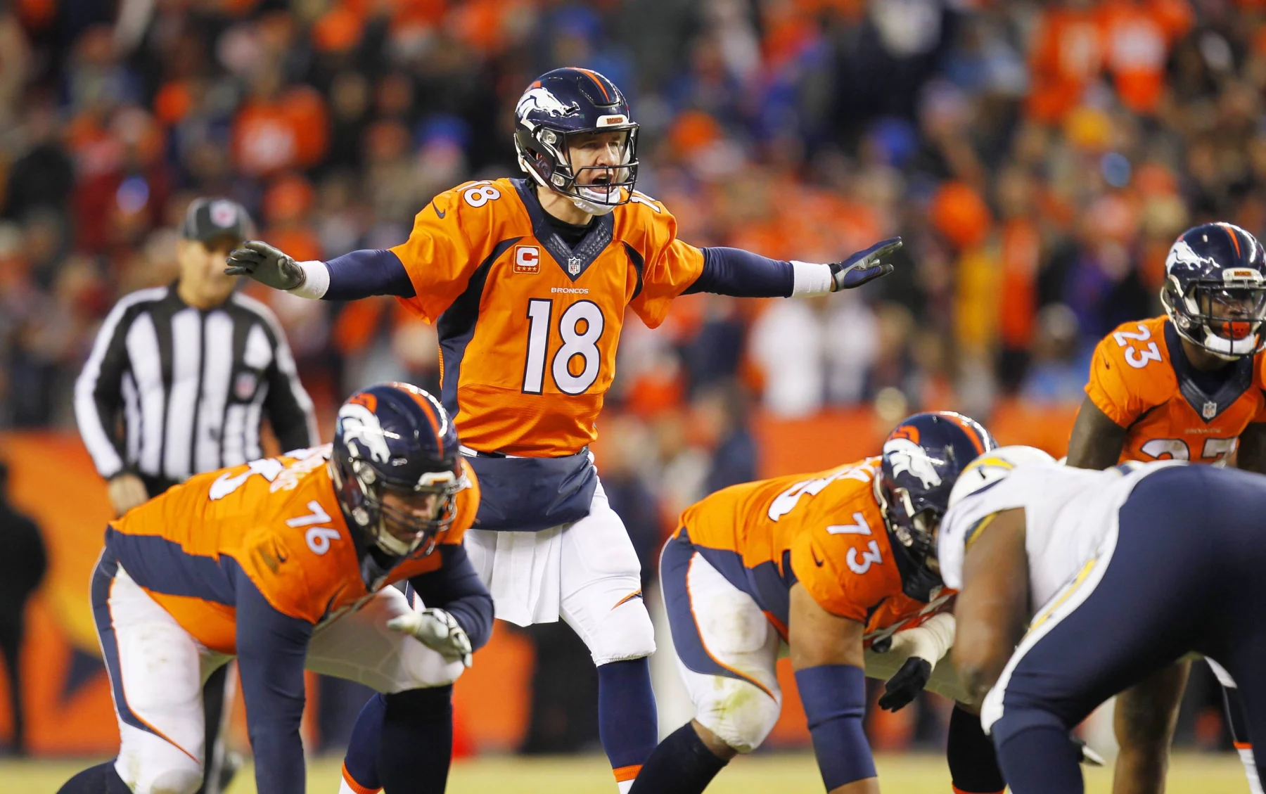 Jan 3 2016 Denver CO USA DENVER CO JAN 3 2016 Broncos Peyton Manning calls out a play