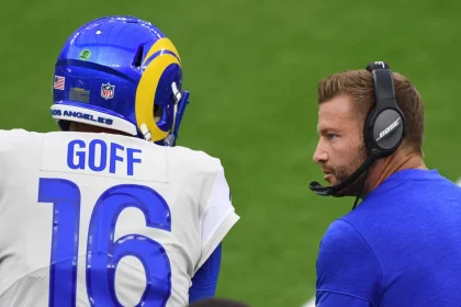 August 22, 2020, Inglewood, California, USA: Quarterback Jared Goff 16 of the Los Angeles Rams with head coach Sean McV