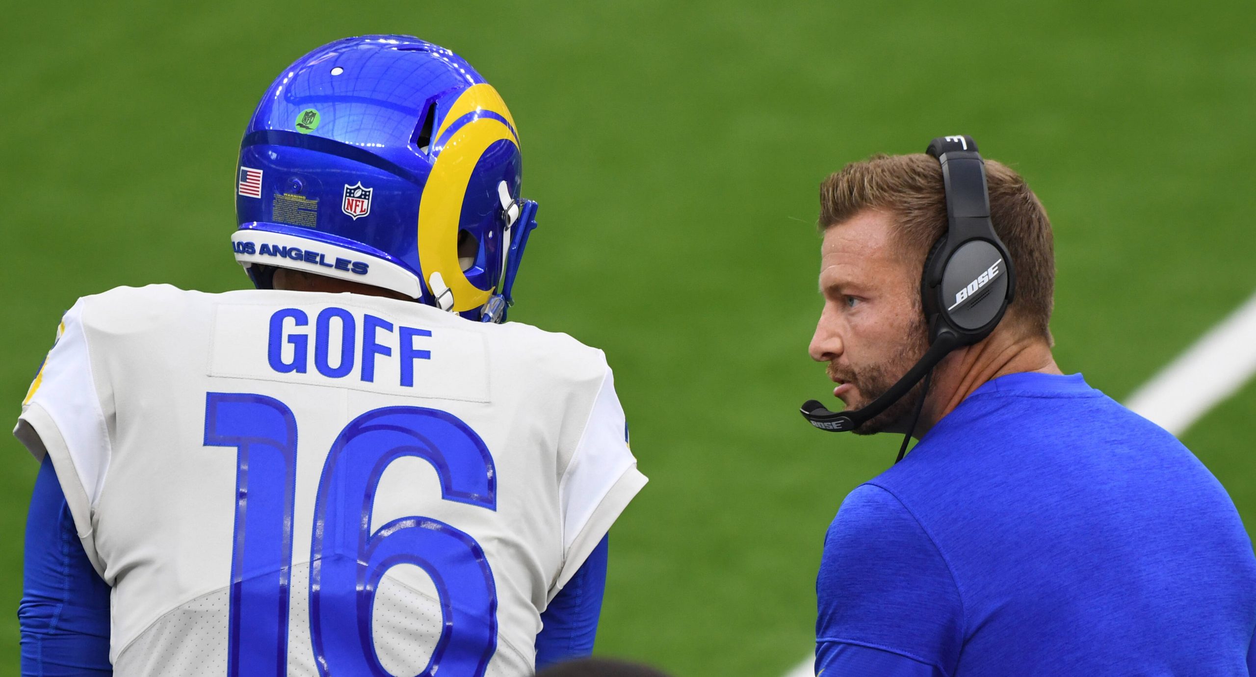 August 22, 2020, Inglewood, California, USA: Quarterback Jared Goff 16 of the Los Angeles Rams with head coach Sean McV