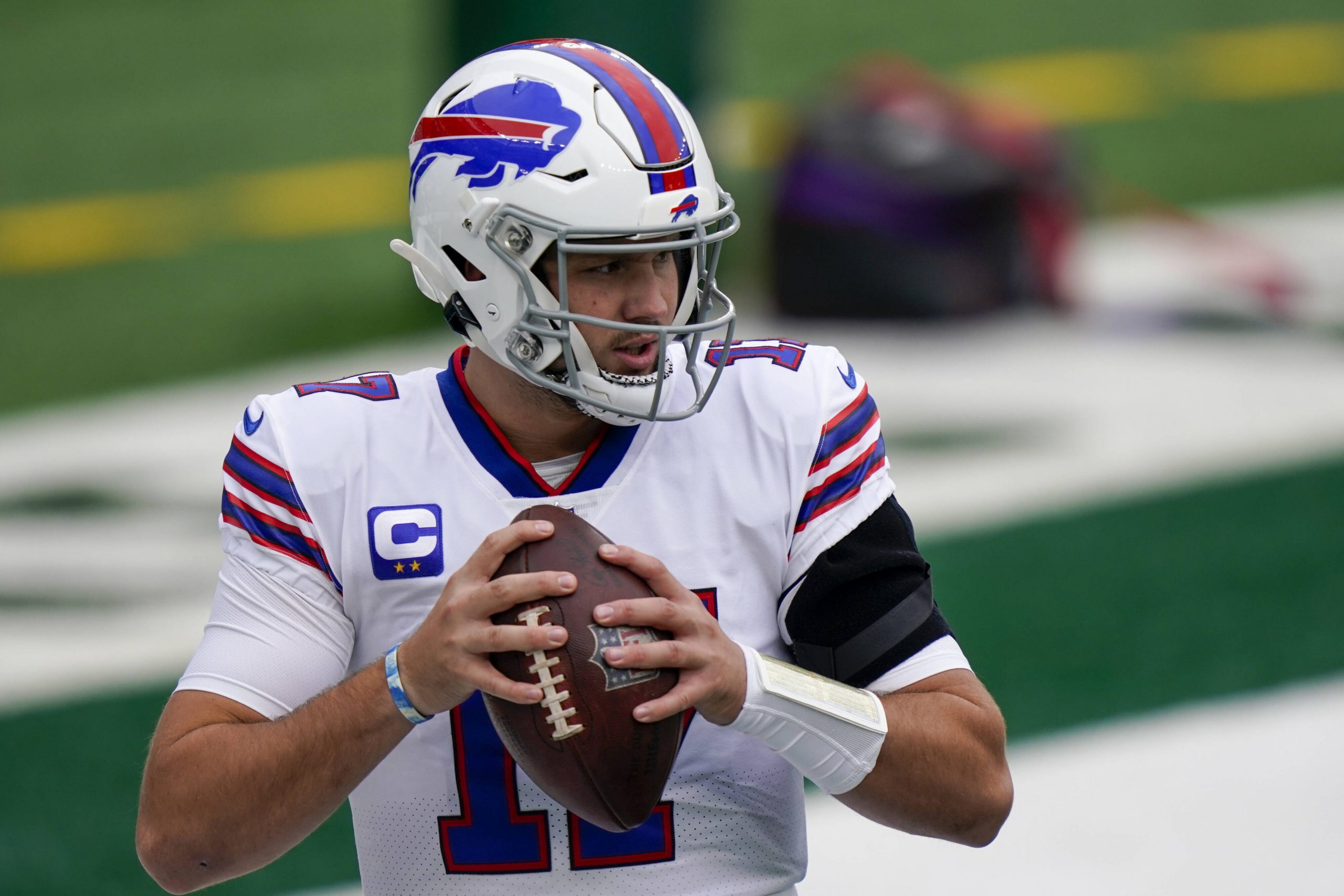 Buffalo Bills quarterback Josh Allen warms up before a game against the New York Jets in week 7 of the NFL, American Fo