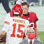 TAMPA, FL - NOVEMBER 29: Tom Brady (12) of the Buccaneers shakes hands with Patrick Mahomes (15) of the Chiefs after the