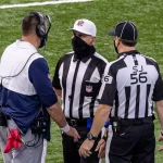 November 29, 2020, Indianapolis, Indiana, USA: Tennessee Titans head coach Mike Vrabel talks with referee John Hussey (3