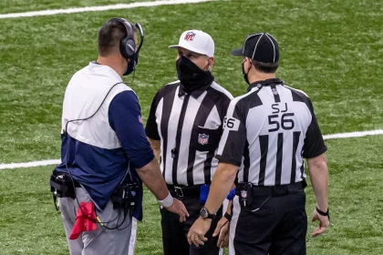 November 29, 2020, Indianapolis, Indiana, USA: Tennessee Titans head coach Mike Vrabel talks with referee John Hussey (3