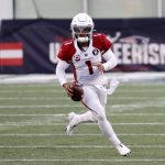 FOXBOROUGH, MA - NOVEMBER 29: Arizona Cardinals quarterback Kyler Murray (1) scrambles during a game between the New Eng