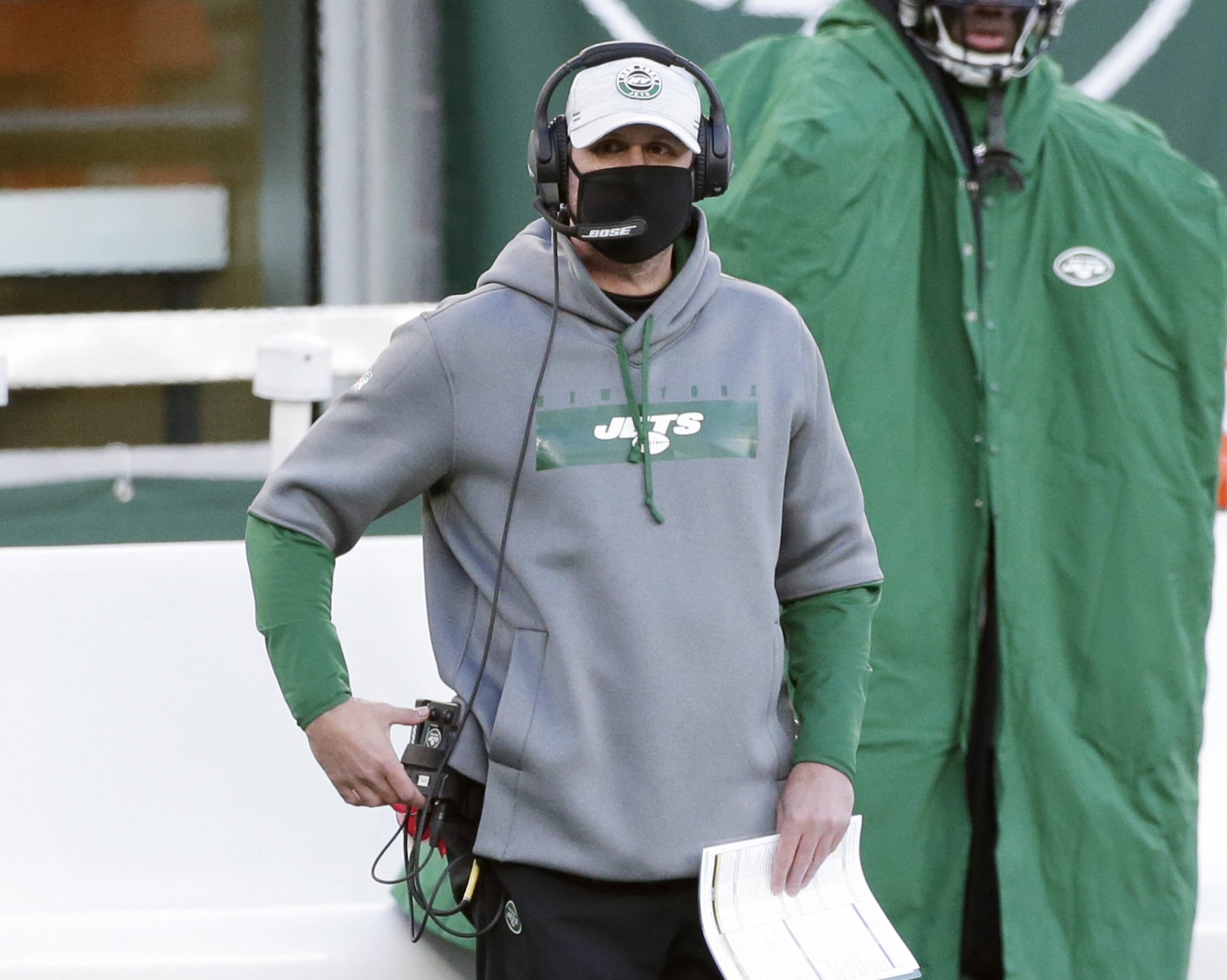 New York Jets head coach Adam Gase stands on the sidelines in the second half against the Las Vegas Raiders in week 13