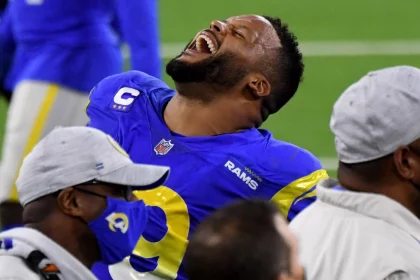 December 10, 2020, Inglewood, California, USA: Defensive end Aaron Donald 99 celebrates after teammate defensive end Mor