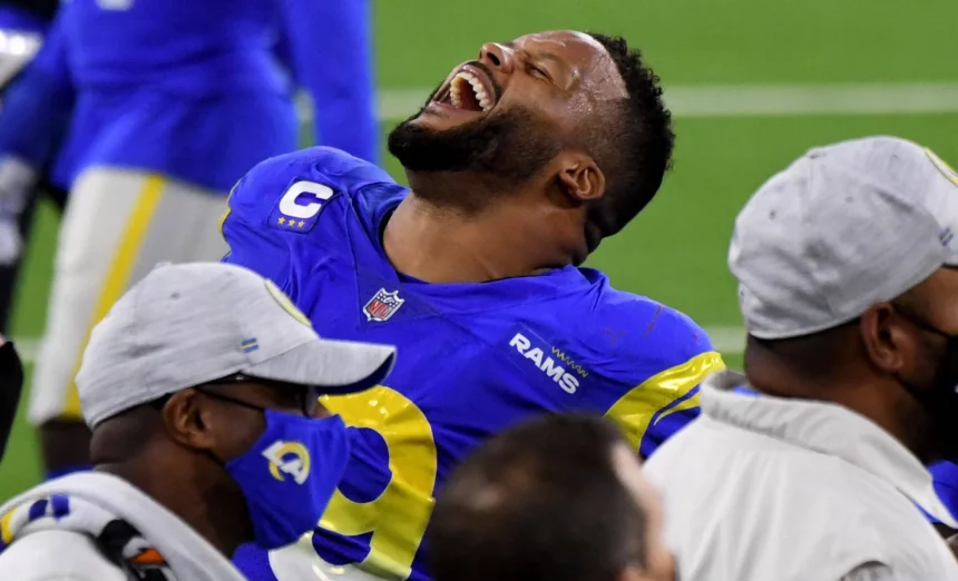 December 10, 2020, Inglewood, California, USA: Defensive end Aaron Donald 99 celebrates after teammate defensive end Mor