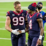 January 3, 2021: Houston Texans defensive end J.J. Watt (99) and quarterback Deshaun Watson (4) shake hands while walki