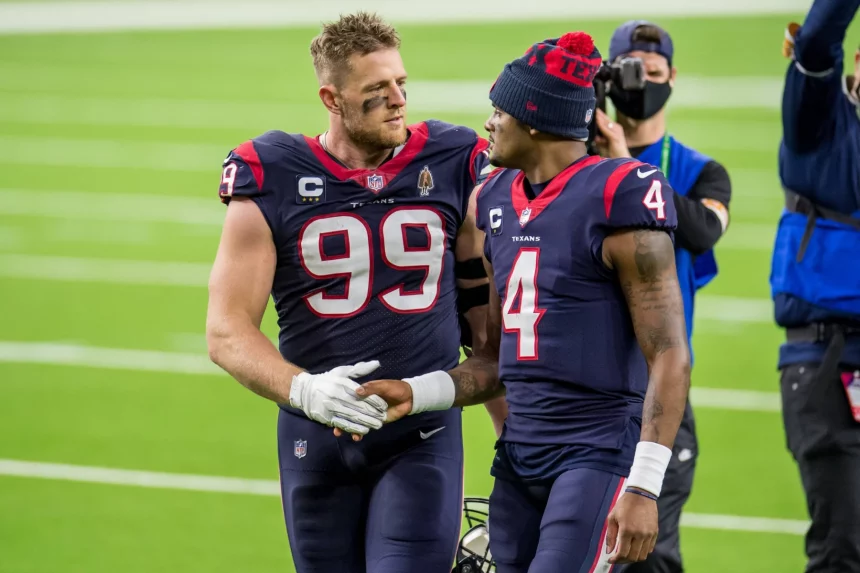 January 3, 2021: Houston Texans defensive end J.J. Watt (99) and quarterback Deshaun Watson (4) shake hands while walki