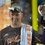 Denver Broncos quarterback Peyton Manning savors his second Lombardi trophy at Super Bowl 50 at Levi s Stadium in Santa