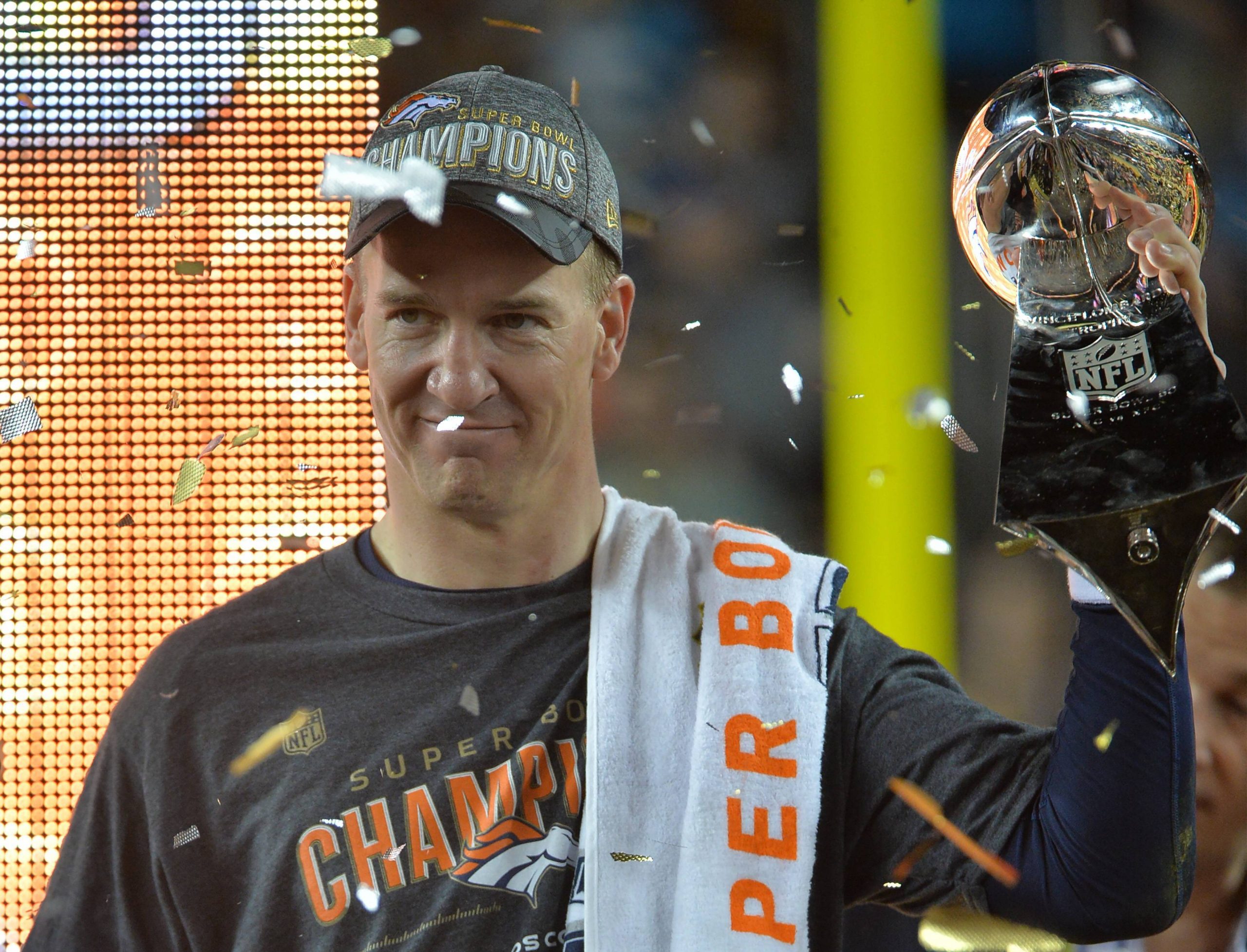 Denver Broncos quarterback Peyton Manning savors his second Lombardi trophy at Super Bowl 50 at Levi s Stadium in Santa