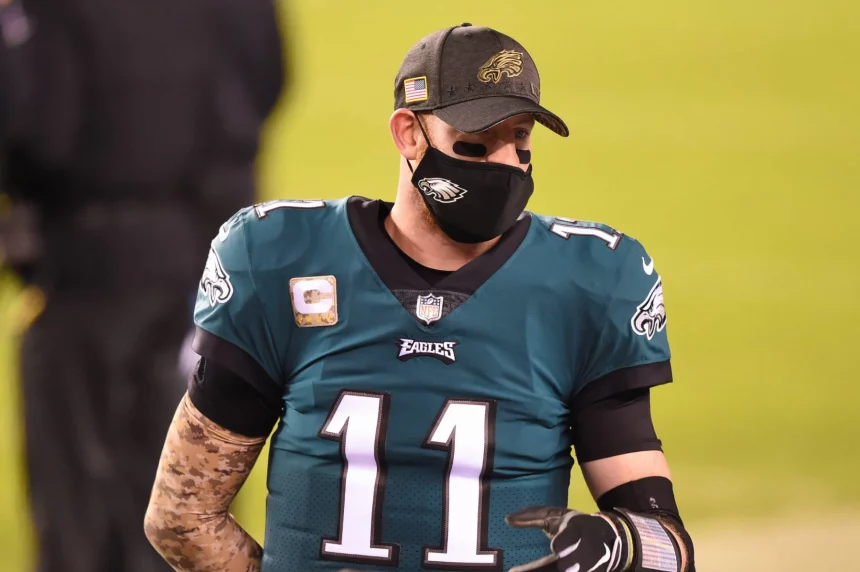 NOV 01, 2020 : Philadelphia Eagles quarterback Carson Wentz (11) on the sidelines in a mask during the NFC matchup betwe