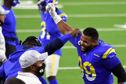 December 10, 2020, Inglewood, California, USA: Defensive end Aaron Donald 99 celebrates after teammate defensive end Mor