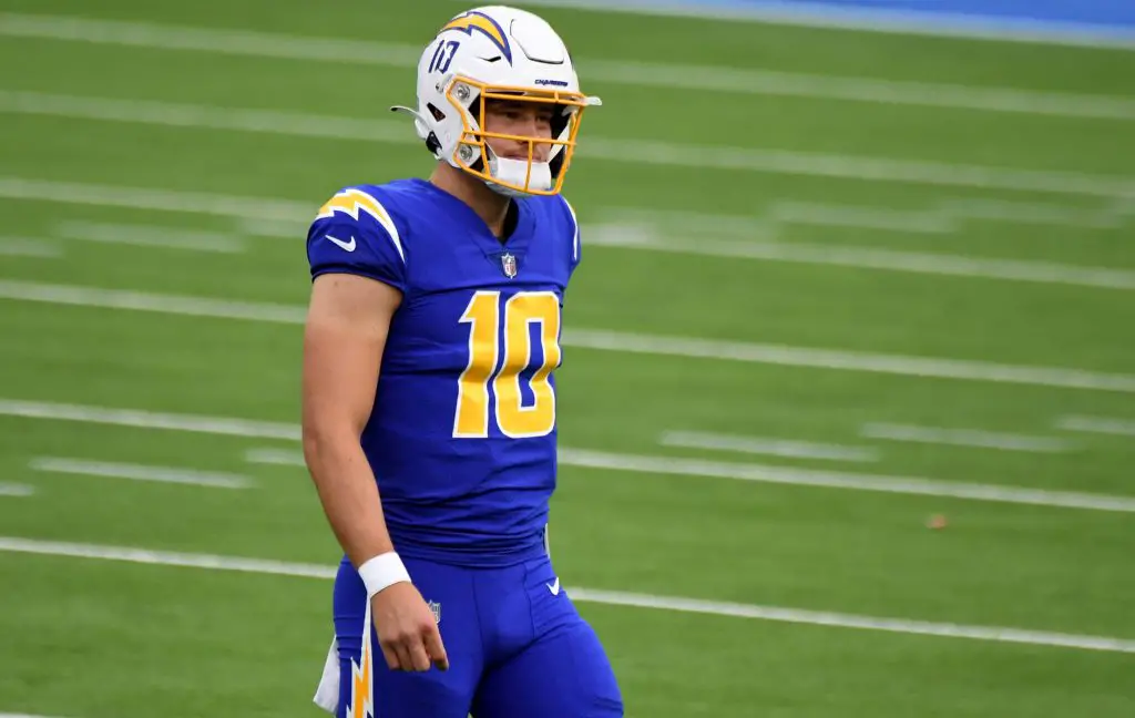 December 13, 2020, Inglewood, California, USA: Quarterback Justin Herbert 10 of the Los Angeles Chargers against the Atl