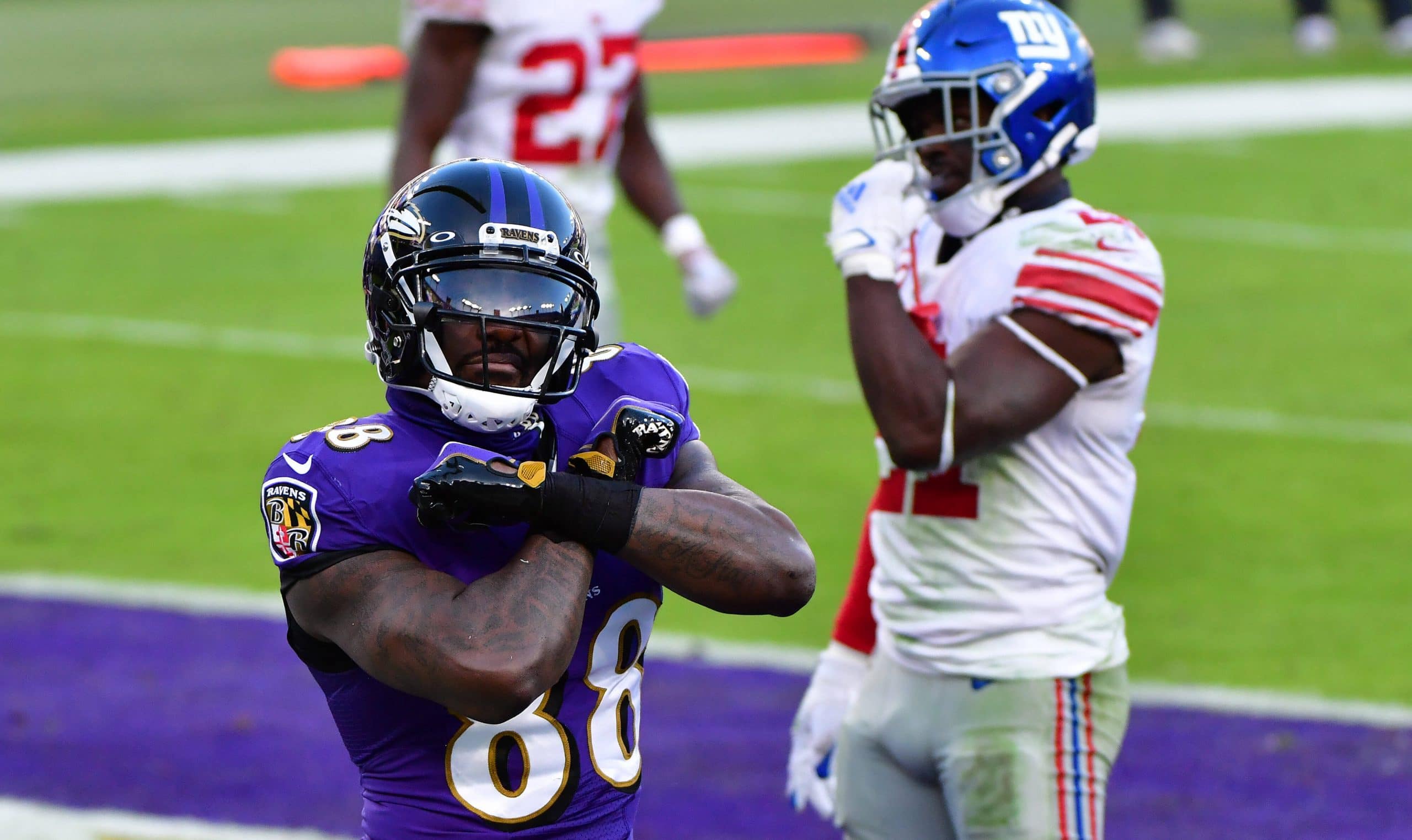 Baltimore Ravens wide receiver Dez Bryant (88) reacts after an 8-yard touchdown pass against the New York Giants during
