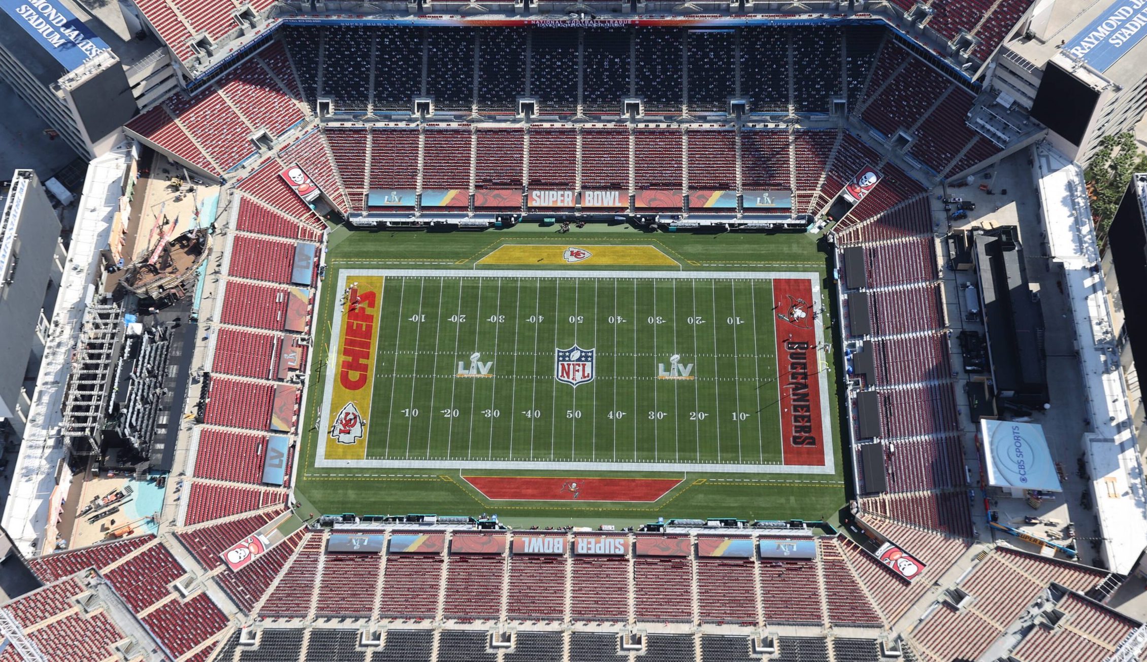 TAMPA, FL - JANUARY 31: Aerial view vf Raymond James Stadium, site of Super Bowl LV between The Tampa Bay Buccaneers an