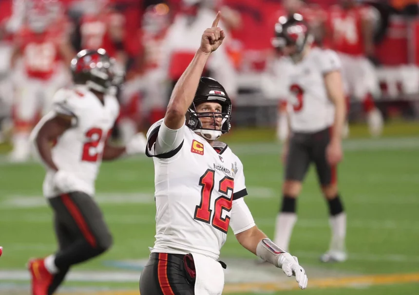 February 7, 2021, Tampa, FL, USA: Tampa Bay Buccaneers quarterback Tom Brady celebrates after a touchdown Super Bowl LV