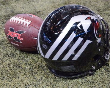 Feb 23, 2020: A New York helmet sits next to a XFL game ball in a game where the NY Guardians visit
