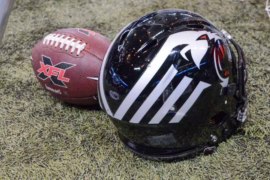 Feb 23, 2020: A New York helmet sits next to a XFL game ball in a game where the NY Guardians visit