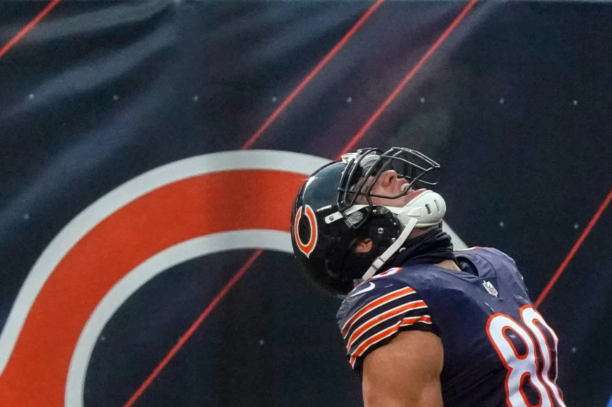 CHICAGO, IL - DECEMBER 06: Chicago Bears tight end Jimmy Graham (80) celebrates after a play in action during a game bet