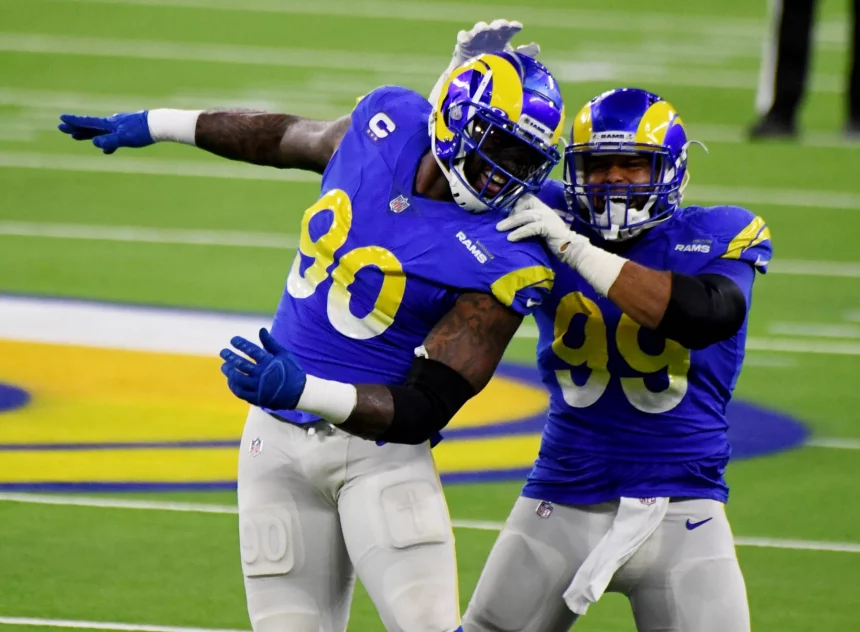 December 10, 2020, Inglewood, California, USA: Defensive end Michael Brockers 90 celebrates with teammate defensive end