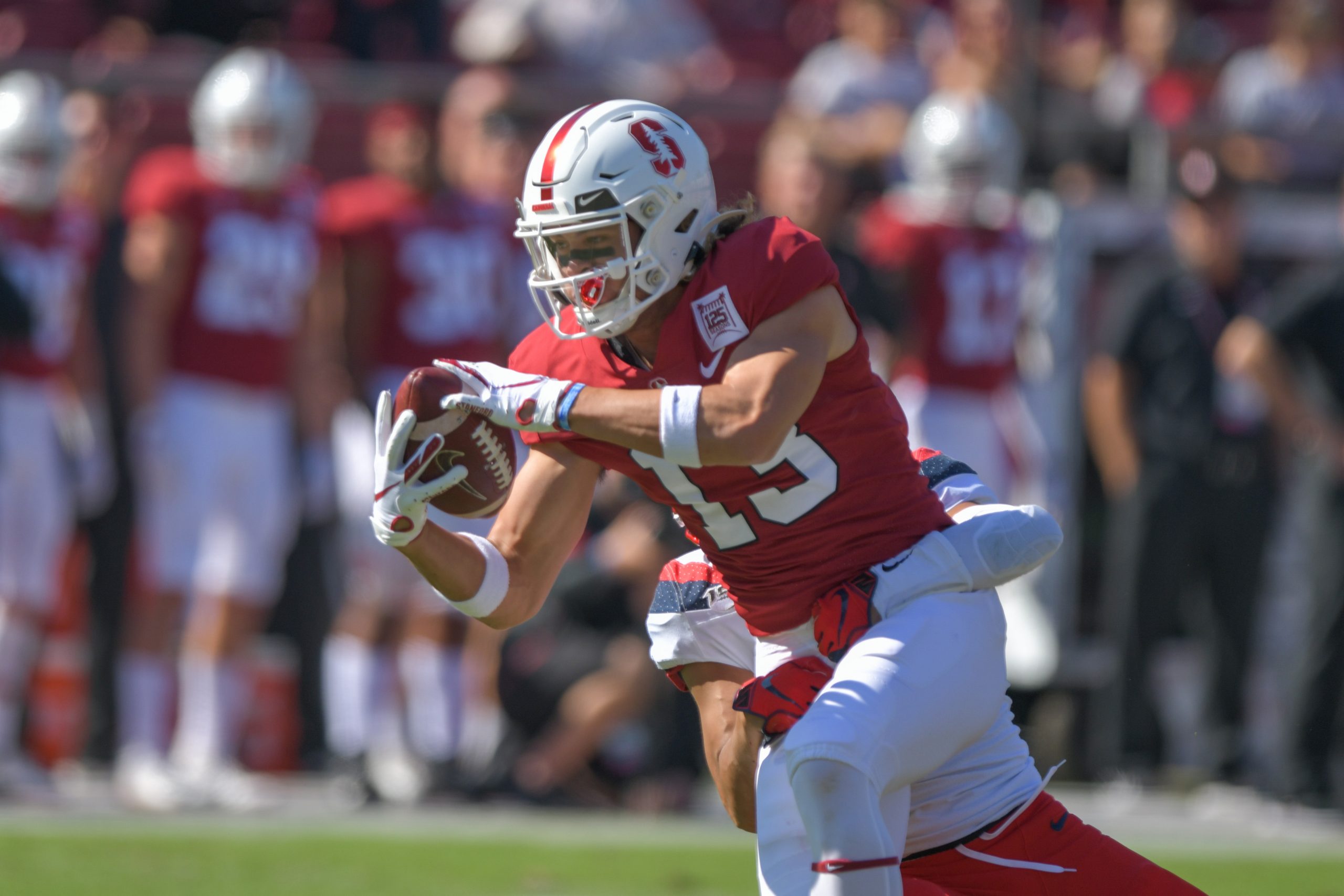 October 26, 2019: Stanford Cardinal wide receiver Simi Fehoko (13) pulls down a catch during the NCA