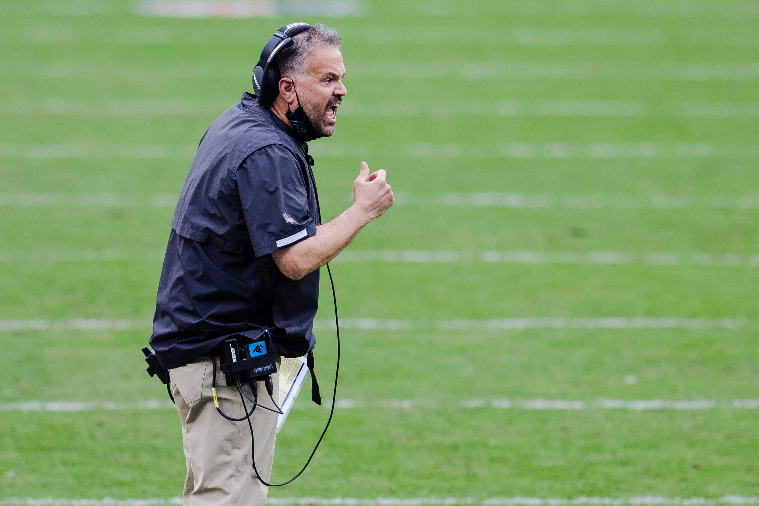 November 22, 2020: Carolina Panthers head coach Matt Rhule reacts to a call in the fourth quarter of the NFL, American