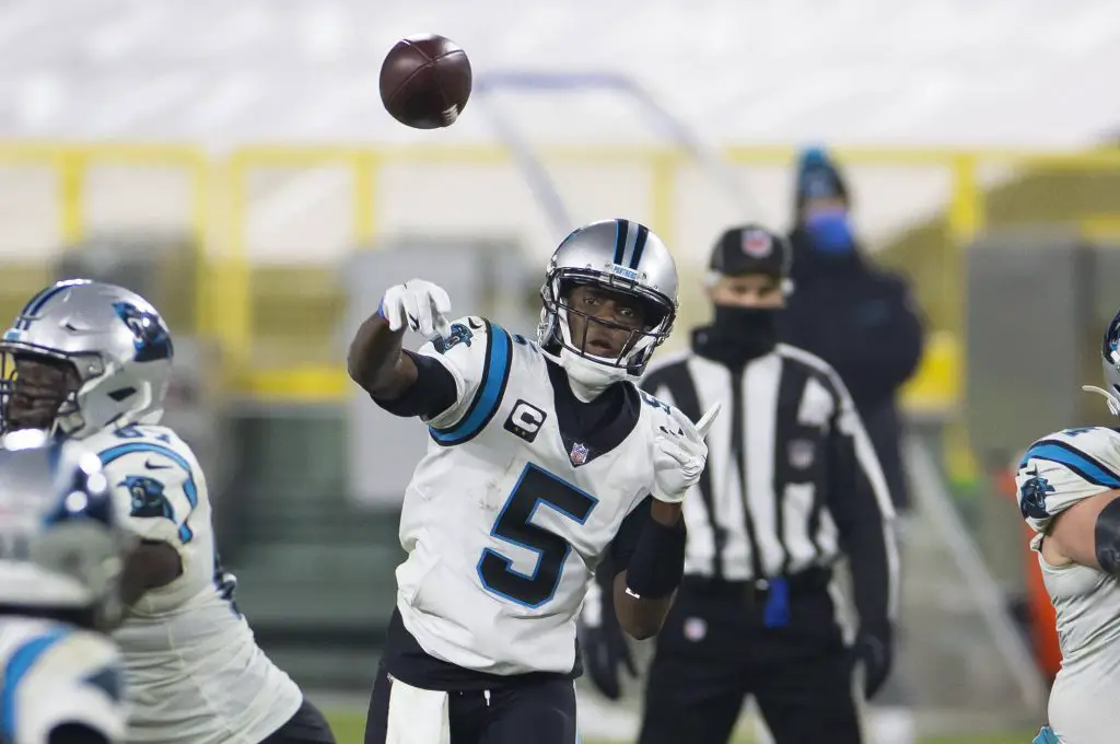 December 19, 2020: Carolina Panthers quarterback Teddy Bridgewater 5 throws a pass during the NFL, American Football Her