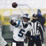 December 19, 2020: Carolina Panthers quarterback Teddy Bridgewater 5 throws a pass during the NFL, American Football Her
