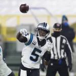 December 19, 2020: Carolina Panthers quarterback Teddy Bridgewater 5 throws a pass during the NFL, American Football Her