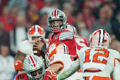 former Ohio State Buckeyes quarterback (1) Justin Fields is projected to go in the 1st Round of the NFL,