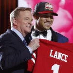 NFL, American Football Herren, USA Commissioner Roger Goodell poses for a photo with Trey Lance after he was selected b