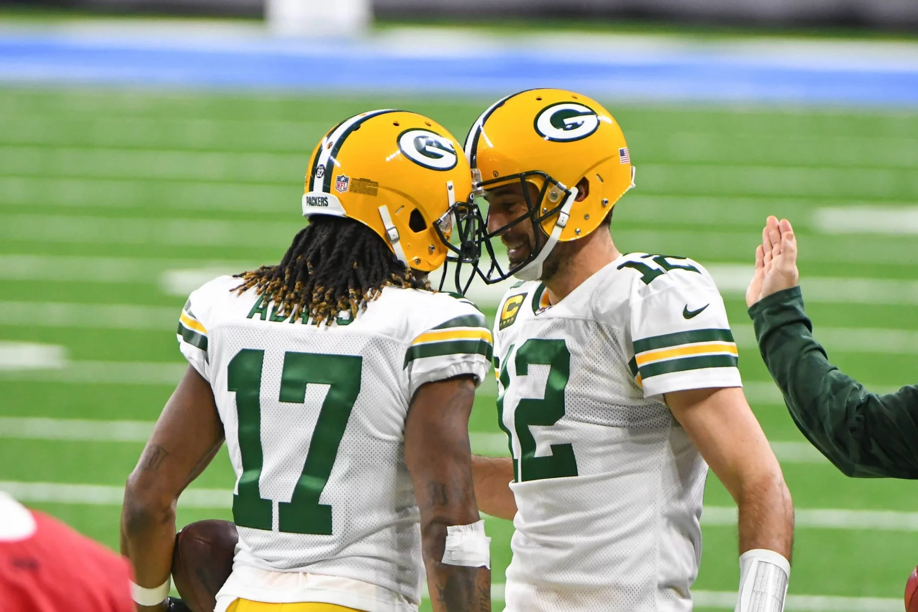 DETROIT, MI - DECEMBER 13: Green Bay Packers wide receiver Davante Adams (17) is congratulated by Green Bay Packers qua