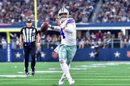 December 29th, 2019:.Dallas Cowboys quarterback Dak Prescott (4) scrambles outside to avoid pressure