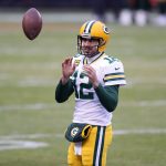 June 8, 2021: Green Bay Packers quarterback Aaron Rodgers warms up for a game against the Chicago Bears at Soldier Field