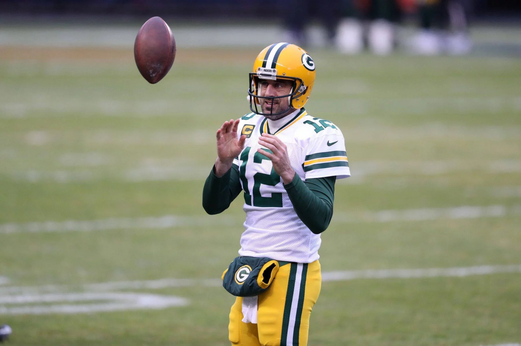 June 8, 2021: Green Bay Packers quarterback Aaron Rodgers warms up for a game against the Chicago Bears at Soldier Field