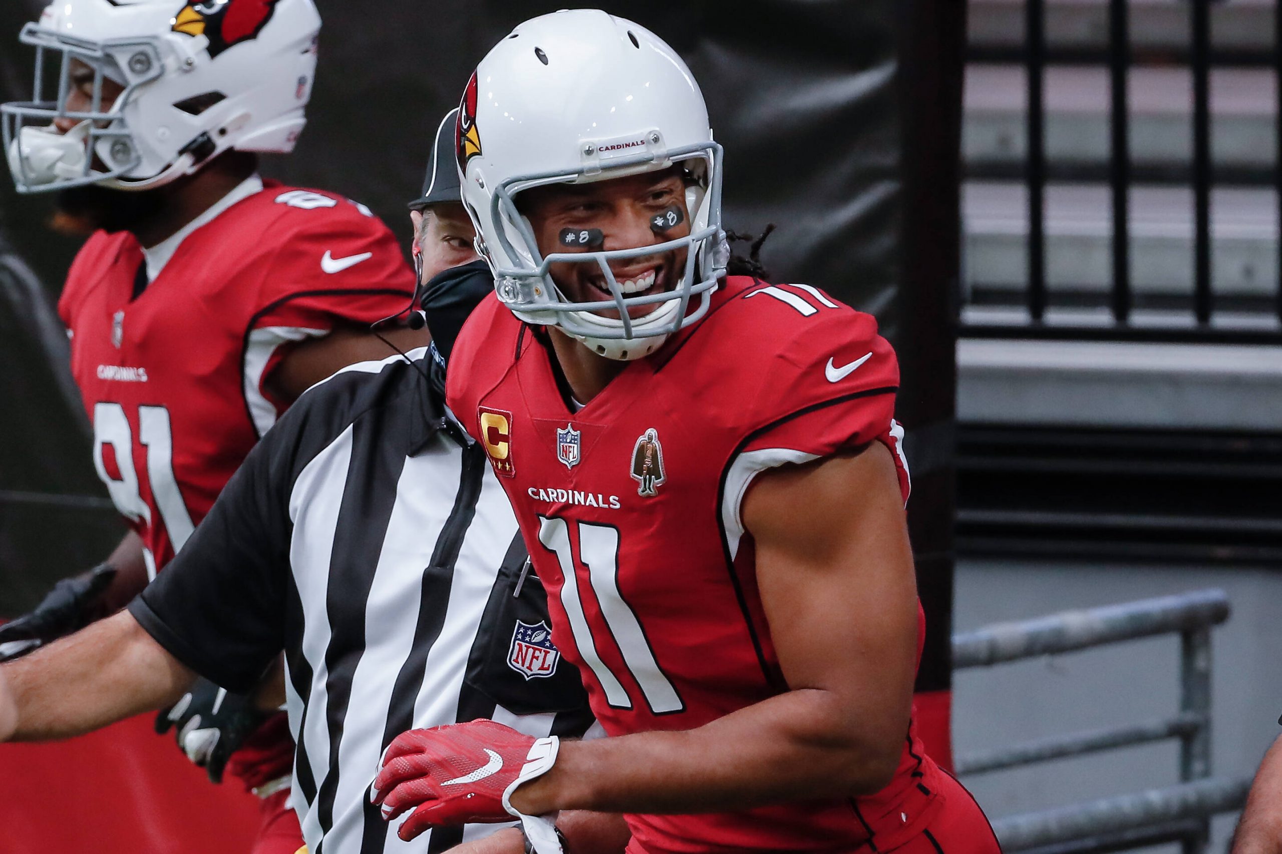 GLENDALE, AZ - SEPTEMBER 20: Arizona Cardinals wide receiver Larry Fitzgerald (11) smiles before the NFL, American Footb