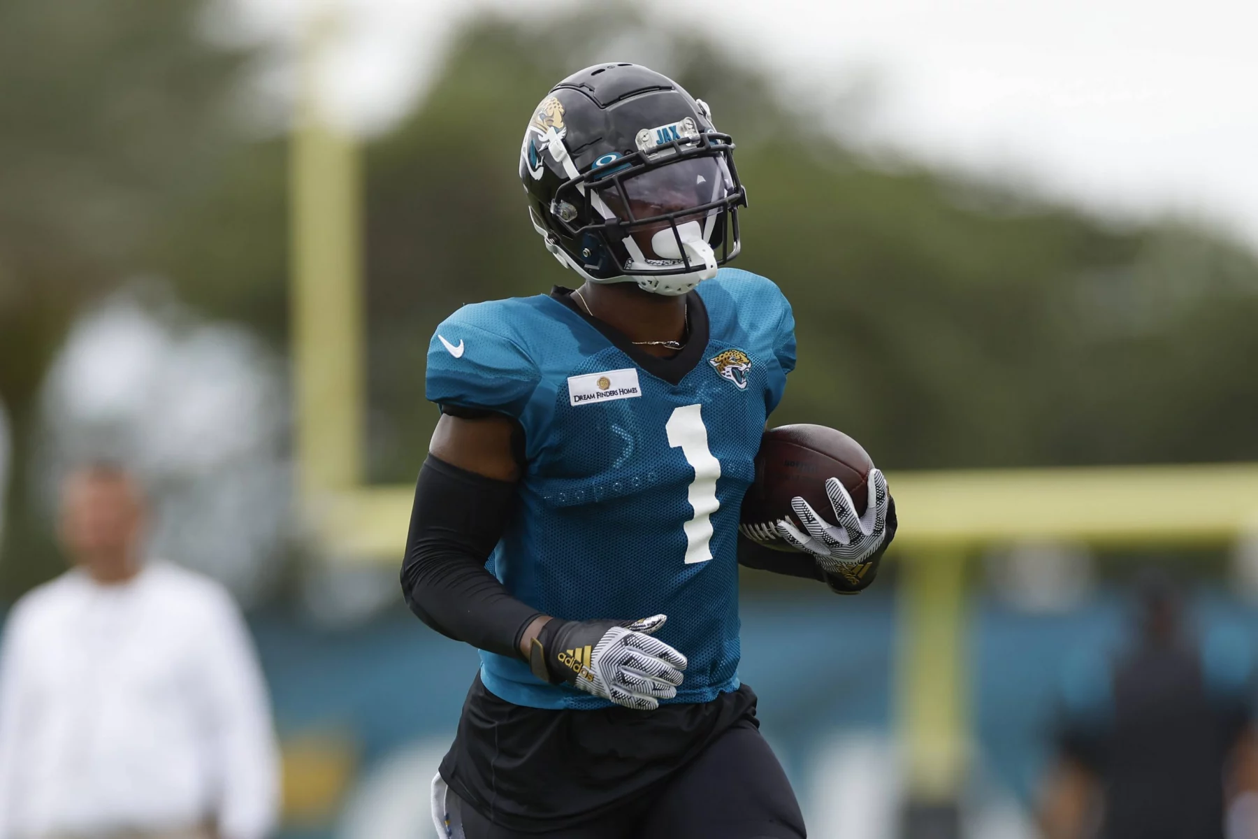 JACKSONVILLE, FL - AUGUST 03:Jacksonville Jaguars Running Back Travis Etienne Jr. (1) during training camp on August 3,