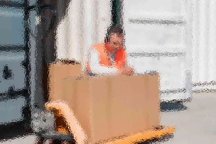 Unscharfes Bild einer Person mit orangefarbener Sicherheitsweste, die in einem großen Karton auf einer Palette sitzt. Der Karton steht auf einem orangefarbenen Palettenwagen vor einem Versandcontainer, was an eine Lagerhalle oder eine Laderampe erinnert. Diese Beschreibung wurde mit der FootballR KI automatisch generiert.