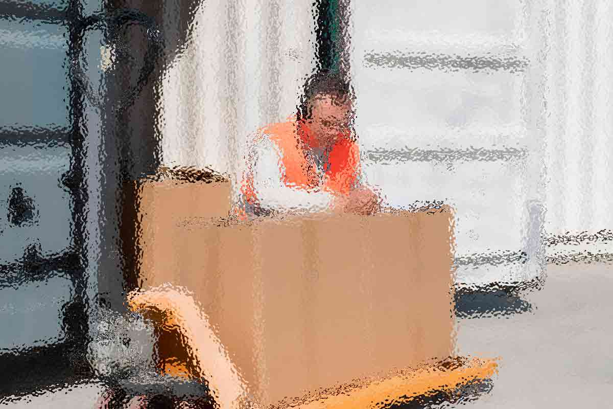 Unscharfes Bild einer Person mit orangefarbener Sicherheitsweste, die in einem großen Karton auf einer Palette sitzt. Der Karton steht auf einem orangefarbenen Palettenwagen vor einem Versandcontainer, was an eine Lagerhalle oder eine Laderampe erinnert. Diese Beschreibung wurde mit der FootballR KI automatisch generiert.